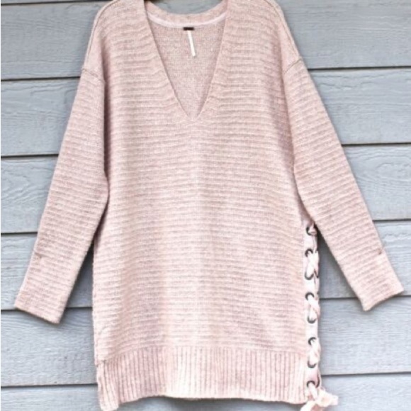 Free People Heart It Laces Long Sweater Pink Small Oversized - Picture 2 of 6